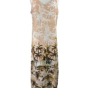 Audrey Tropical Palm Maxi Slip Dress Tan and White, Size Small